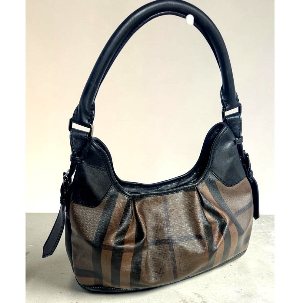 Vintage Burberry Nova Check East West Shoulder Bag Black Leather Trim & Hardware